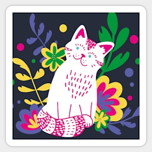 Cute White Cat in Flowers Sticker